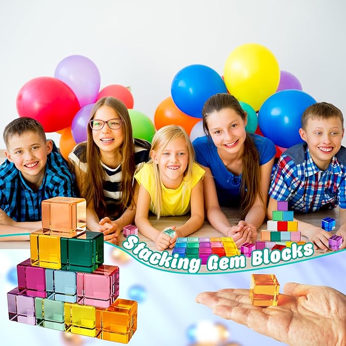 24 Pcs Rainbow Blocks Cubes Acrylic Crystal Stacking Gem Cubes Toys Building Blocks Light Shadow Educational Sensory Training for Students Learning Boys Girls Play
