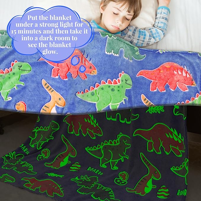 Dinosaur Blanket Glow in The Dark for Boys Girls - Dinosaur Gifts for Kids Birthday Christmas - Dino Toys for Toddlers, Red Green Throw Blanket Decor for Bed Couch 40"x50"