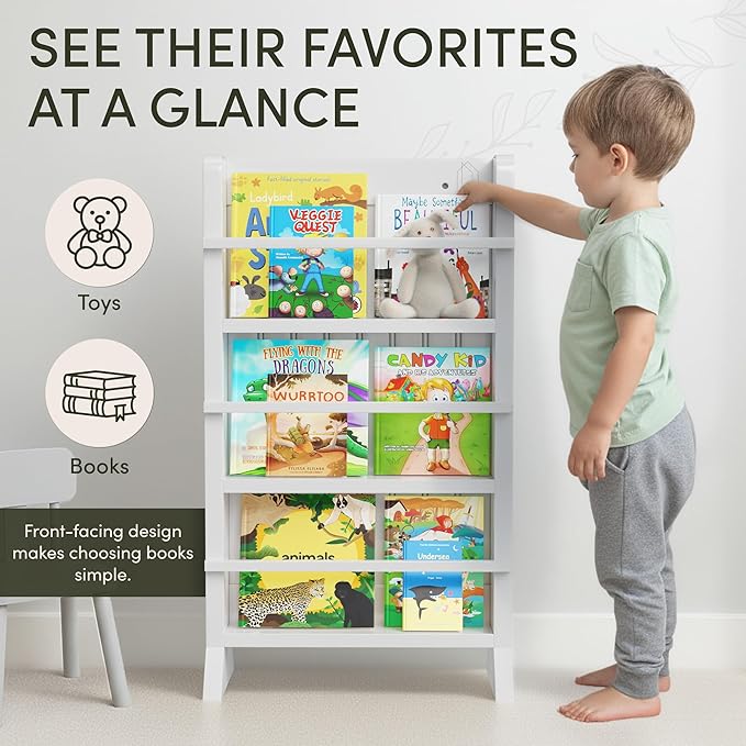 Kids Bookshelf - Baby Book Shelf for Kids Room with Montessori Furniture Sliding Whiteboard, Dry Erase Markers - Wooden Bookshelf for Kid Toddler, Nursery Bookcase for Classroom Bedroom
