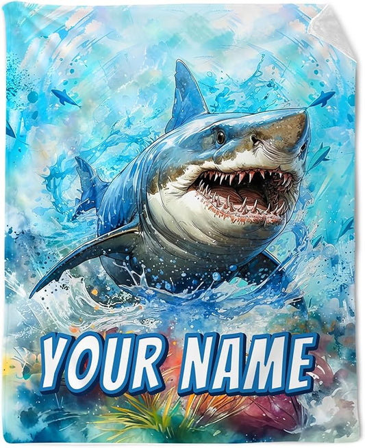 Personalized Shark Blanket for Boys - Teens Custom Shark Blankets Plush Cozy Flannel Throws Gifts for Crib & Room
