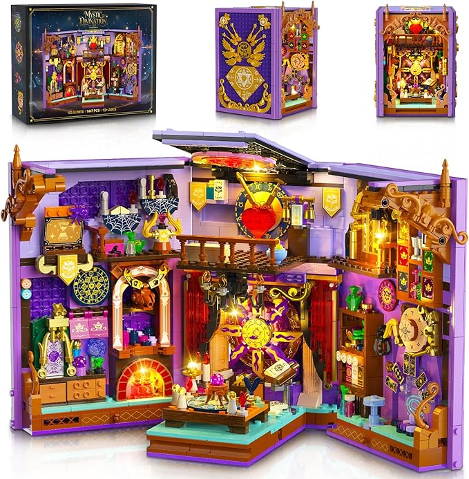 Upgraded Mystic Divination Book Nook Building Set with Rechargeable Lights, 1447 PCS DIY Magic Booknook Building Block Kit Home Decor, Miniature Book House Model Gift for Adults Boys Girls 12+