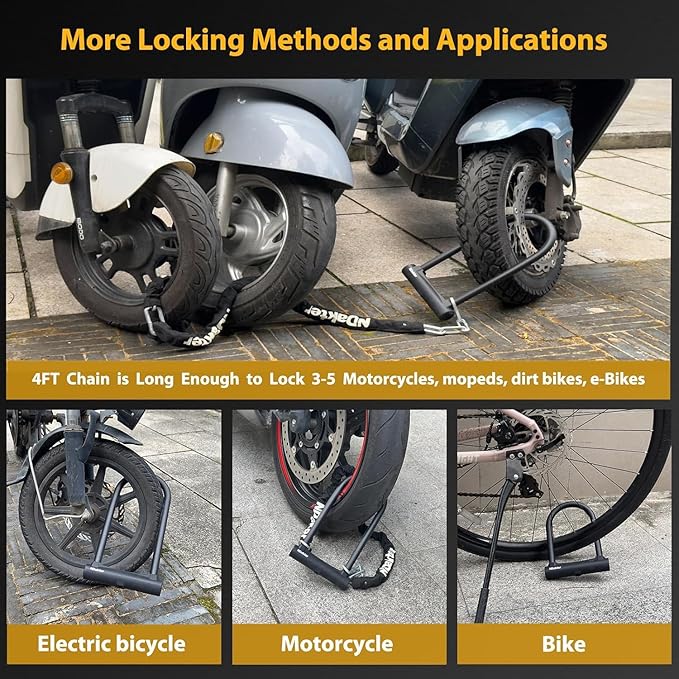 NDakter Bike Locks Heavy Duty Anti Theft, Bike U Lock with 4FT Chain and Bracket,15mm Shackle Electric Bicycle Lock for Scooter, 3 Keys Motorcycle Wheel Lock for Ebike, Moped, Tricycle