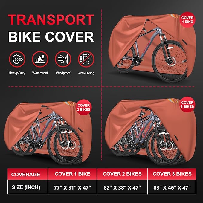 Bike Cover for Transport 3 Bikes - Outdoor Bike Covers for 3 Bikes on Rear Bike Rack Transport Heavy Duty Waterproof, 600D Bicycle Rack Cover for 3 Bikes on Car Hitch Travel Storage