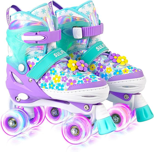 SULIFEEL Rainbow Unicorn 4 Size Adjustable Light up Roller Skates for Girls Boys for Kids