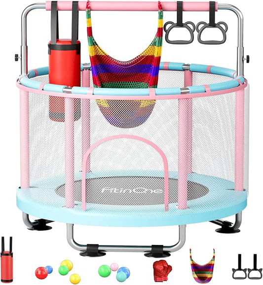 55" Toddler Mini Trampoline for Kids, Indoor Outdoor Toys with Swing, 440lbs Baby Kids Trampoline, Gymnastics Bar, Birthday Gifts for Boy Girl Age 1-8