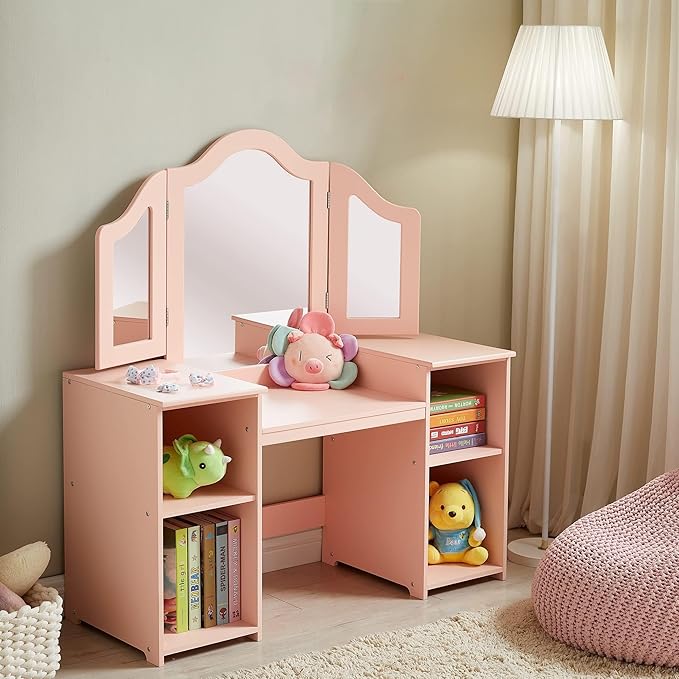 Kids Vanity, 2 in 1 Princess Makeup Vanity Storage Cabinet with Detachable Top, Girls Vanity Set with Tri-fold Mirror, Kids Vanity Set with Mirror Age 3-9 (Pink)