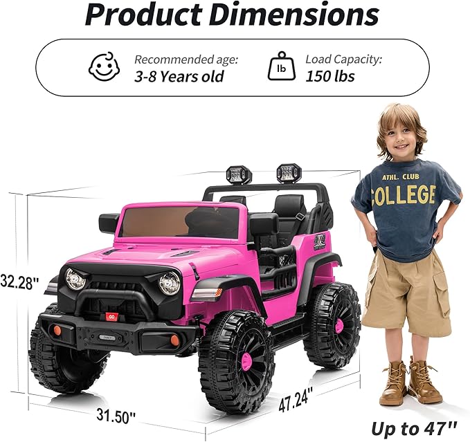2 Seater Ride on Car Toy, 24V 4WD Electric Car for Kids 4-8 with Remote Control, 4x200W Motors, Capacity 150 lb - Hot Pink