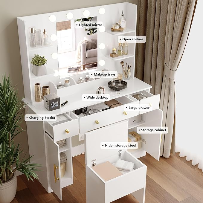 Makeup Vanity Desk with Mirror and Lights, 43" White Vanity Set with Chair, 3 Drawers, Power Outlet & Adjustable RGB LED Lights, Dressing Table with Storage Shelf for Women & Girls Bedroom