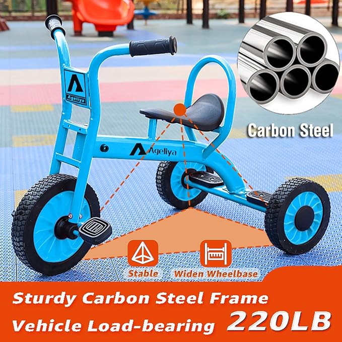 Kids Tricycle for Preschool Ages 3+, Ideal Outdoor Playground & Daycare Yard Trikes, Durable Metal Pedal Trike Gift for Boys and Girls, Sturdy Carbon Steel Frame, Inflation-Free Rubber Wheels