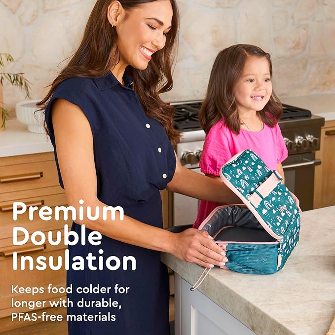 Bentgo Kids Lunch Bag - Durable, Double-Insulated Lunch Bag for Kids 3+; Holds Lunch Box, Water Bottle, & Snacks; Easy-Clean Water-Resistant Fabric & Multiple Zippered Pockets (Green Rainbow)