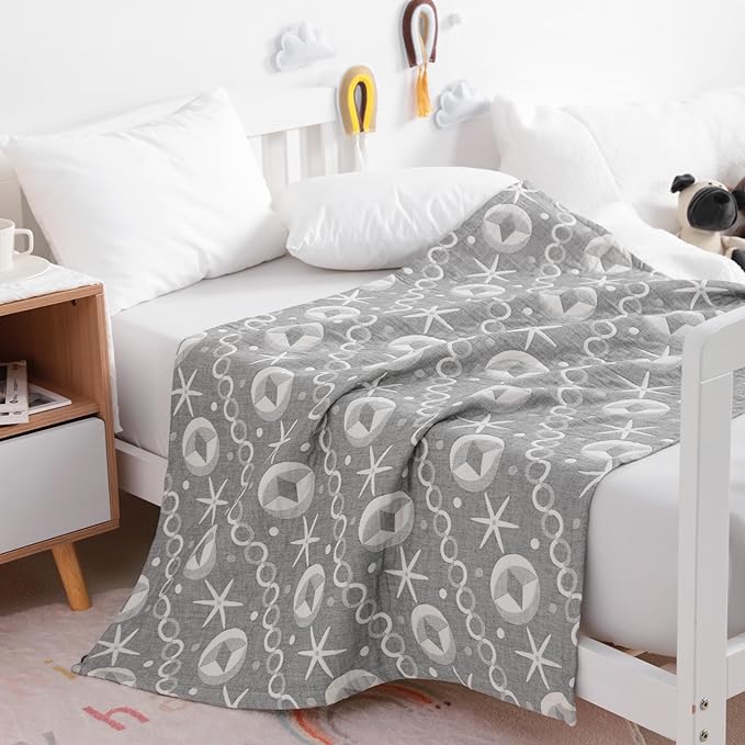 NTBAY 3 Layer Oversized Muslin Cotton Toddler Blanket, 45x60 Inches Jacquard Reversible Nursery Bed Blanket, Super Soft and Thermal Crib Blanket for All Seasons, Baby Gift, 45"x60", Grey Starfish
