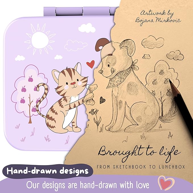 BEARFOOT Kids Lunch Box with Compartments – Compact & Lightweight | Leak-Proof, BPA-Free, Dishwasher & Microwave Safe | Hand-Drawn Design for Preschool, School, Travel (Dog & Cat Purple, 2.75 Cups)