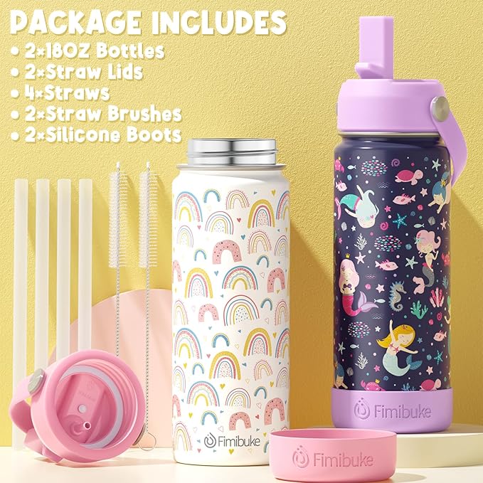 Fimibuke Kids Insulated Water Bottle, 18oz BPA FREE Kid Cup with Straw Double Wall Vacuum Tumbler 18/8 Stainless Steel Leak Proof Toddler Water Bottle for School Boys Girls (2 Pack, Unicorn/Dinosaur)