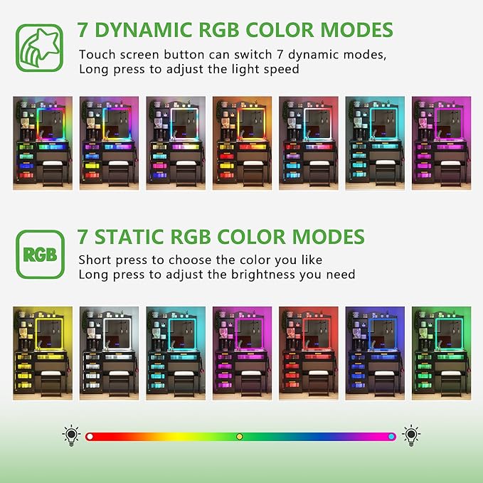 HNEBC Vanity Desk with Sliding Mirror and LED Lights, RGB Vanitys with Charging Station, Makeup Vanitys with Remote Control, White Dresser with Stool/Lager Drawers for Bedroom (Black)