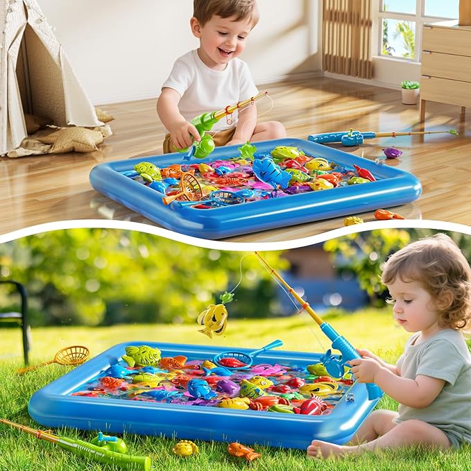 Magnetic Fishing Game Pool Toys Set for Kids 3-5, Water Table Bathtub Toys with Inflatable Pool Pole Rod Net Plastic Floating Fish, Outdoor Toys for Kids Boys Girls Age 3 4 5 6 7 8 Year Old
