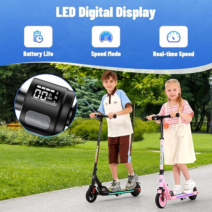 Caroma Electric Scooter for Kids Ages 6-14, 180W/150W Motor & 10 Mph, 85 Mins Ride Time, Adjustable Height & Speed, LED Display & Colorful Lights, Kids Electric Scooter, Best Gifts for Girls and Boy