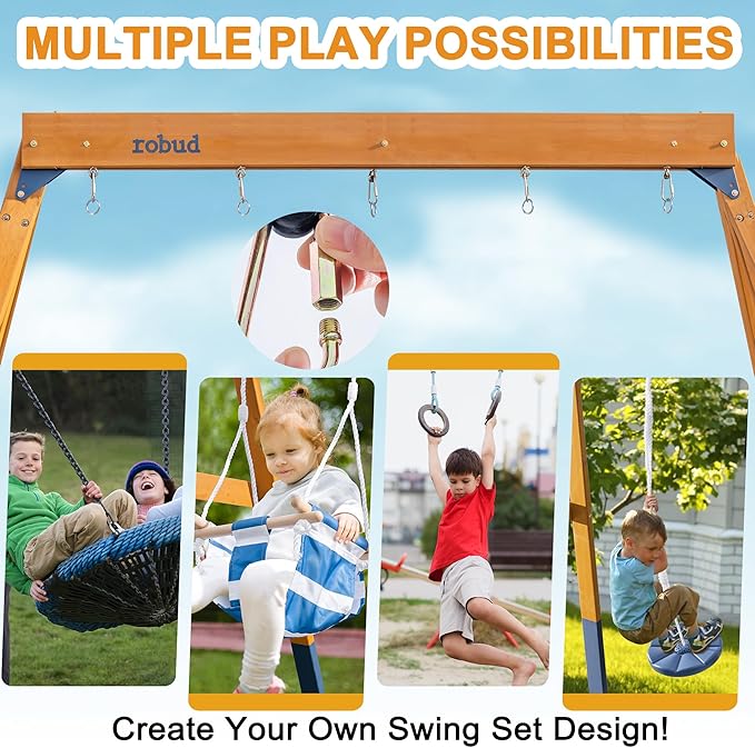 ROBUD 3-in-1 Playground Wooden Swing Sets for Backyard, DIY Swing Sets with Tree Swing and 2 Toddler Swings, Kids Outdoor Play Equipment, Outdoor Playset for Kids & Toddlers, Ages 3+