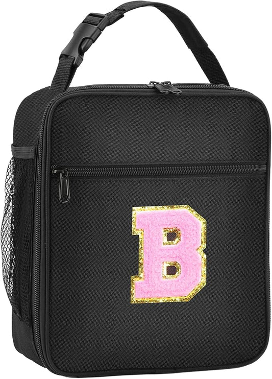 Initial Insulated Lunch Bag, Lunch Box with Initial Letter Patch for Teen Adult, Reusable Lunch Bag for Men Women, Ideal Back to School Gift Birthday Gift, Pink B