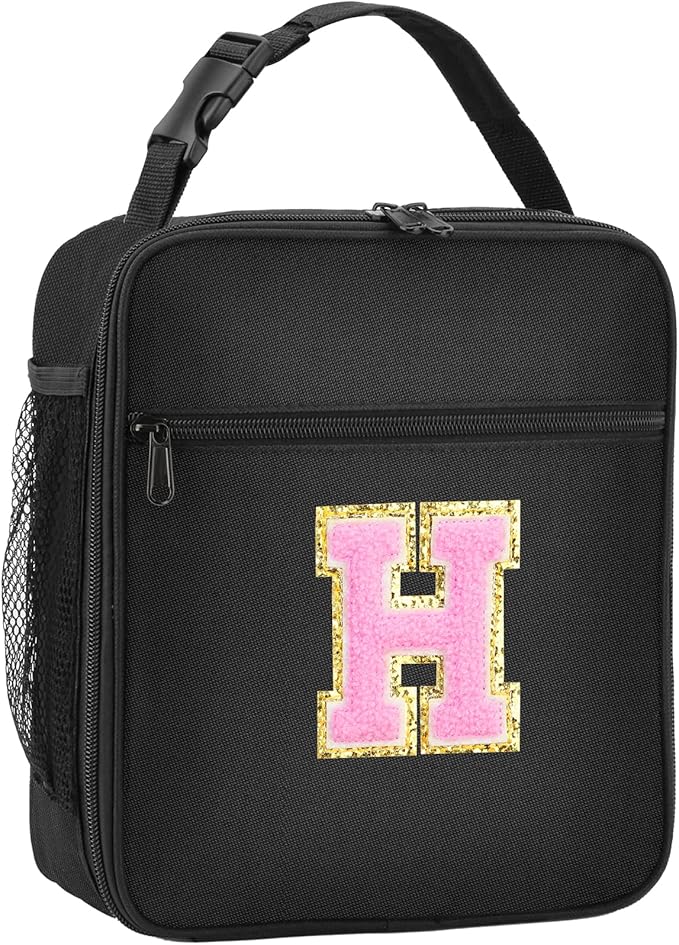 Initial Insulated Lunch Bag, Lunch Box with Initial Letter Patch for Teen Adult, Reusable Lunch Bag for Men Women, Ideal Back to School Gift Birthday Gift, Pink H
