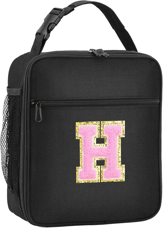 Initial Insulated Lunch Bag, Lunch Box with Initial Letter Patch for Teen Adult, Reusable Lunch Bag for Men Women, Ideal Back to School Gift Birthday Gift, Pink H
