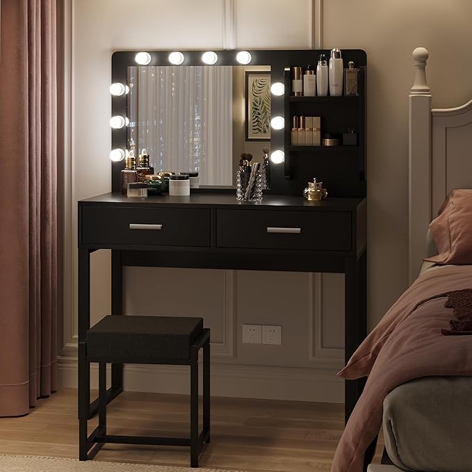 Makeup Vanity Desk with Lights,Black Vanity with Lighted Mirror,Vanity Desk with 2 Storage Drawers,Vanity Set with Bench