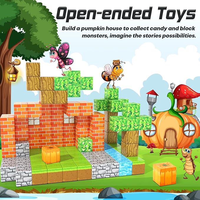 Magnetic Blocks-Build Mine Magnet World Pumpkin Edition Kids Games Toys for Boys Girls 3+ Years Old Magnetic STEM Construction Toys Ages 4-6 6-8 5-7 for Halloween Birthday Gifts