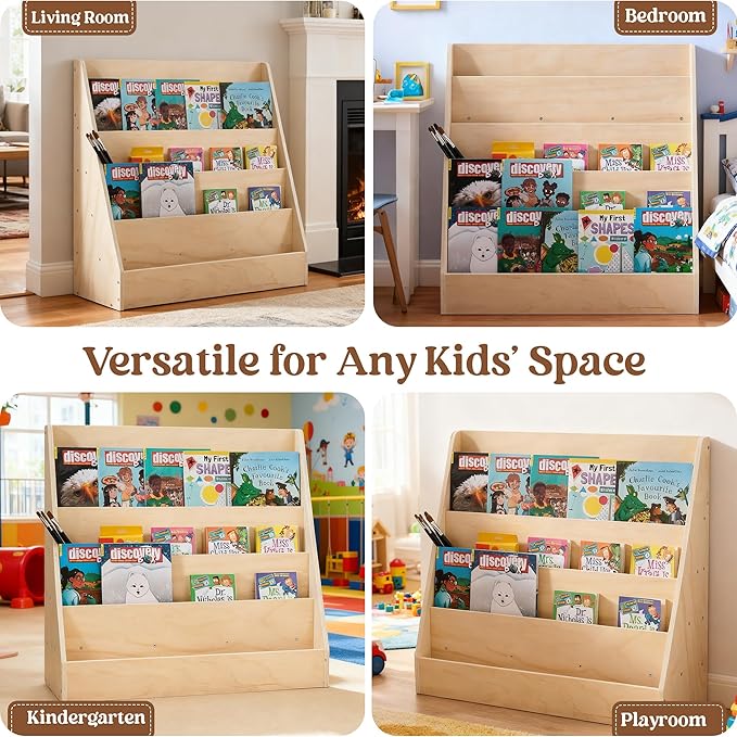 Montessori 5-Tier Kids Bookshelf & Organizer, Pine Plywood Forward-Facing Book Display Shelf for Playroom, Nursery & Classroom