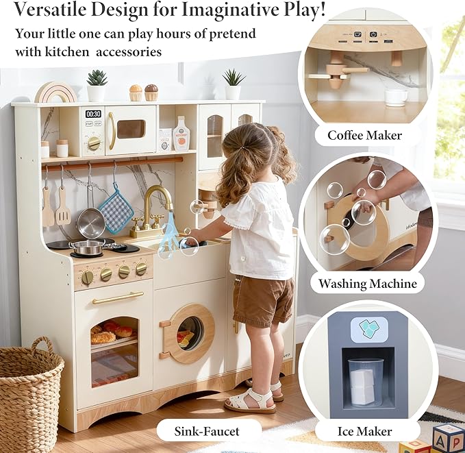 Wooden Play Kitchen for Kids and Toddlers with Realistic ICE Maker & Sounds,Toy Kitchen Set with 20 Accessories, Interactive Learning Toy for Pretend Play, Gift for Girls & Boys(Ages 3+)