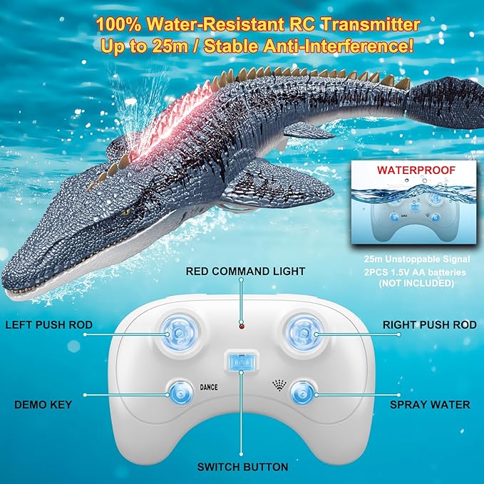 Remote Control Mosasaurus Dinosaur Toys for Boys Kids, Rechargable Swimming Pool High Simulation Toys, Electric RC Sea Monster with Light & Spray Water Birthday Gift for Ages 3 4 5 6 7 8 9