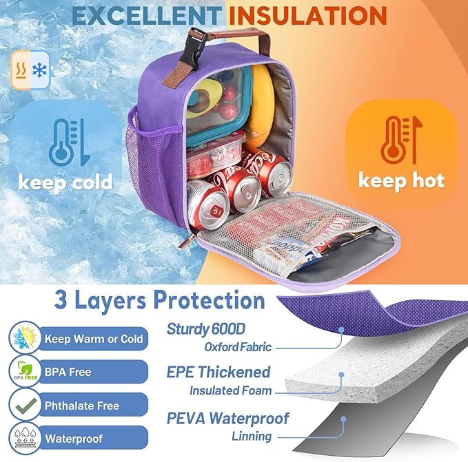 Lunch Bag for Women Men Girls Teens Insulated Leakproof LunchBox for Adult Reusable Lunch Box with Bottle Holder for Work Office School Travel Picnic-Purple/Gray