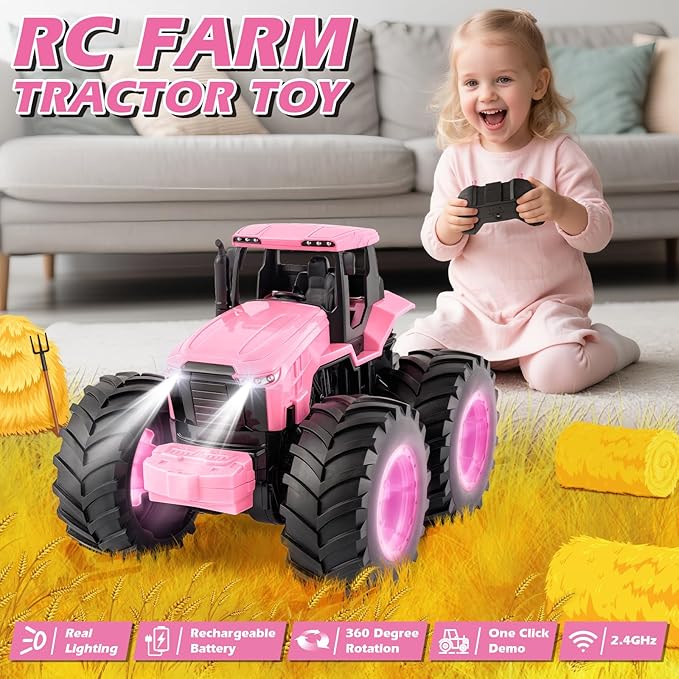 Remote Control Monster Tractor Toy for 3, 4, 5, 6, 7 years old, Pink Light Up Monster Trucks Toy with LED Lights Toddlers RC Farm Vehicle Toys for Boys ＆ Girls Ideal Christmas, Birthday Gifts for Kids