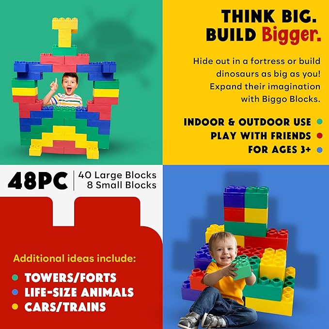 BiggoBlocks Big Blocks for Kids Ages 4-8 — Indoor & Outdoor Blocks for Kids Games — Large Building Blocks (48 pc) Learner Set
