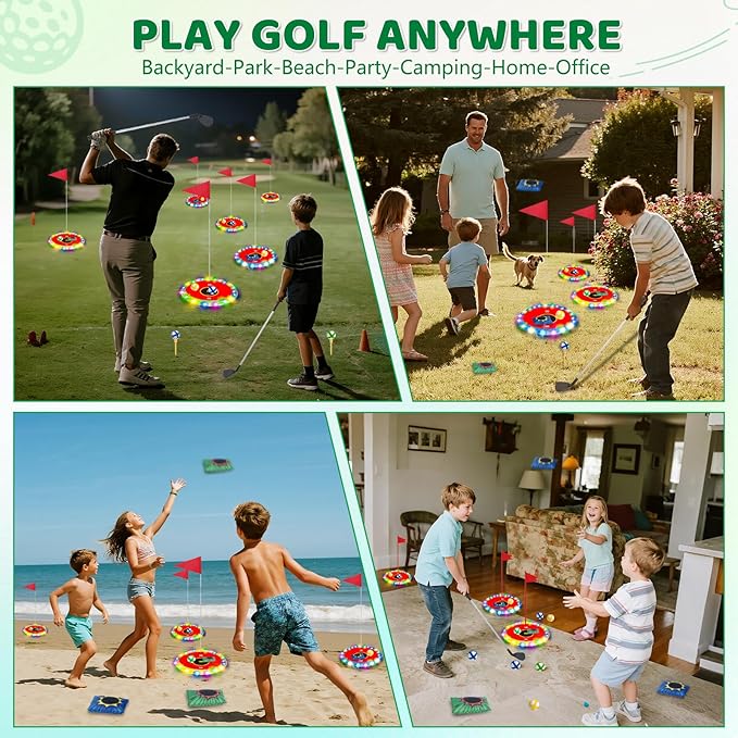 Light Up Golf Play Set - Upgraded Backyard Golf Chipping Game with 6 LED Targets, 2 Clubs, 18 Balls, 6 Bean Bags, Night Golf Toys Gifts for Kids Golfers Family Indoor Outdoor Beach Lawn Park
