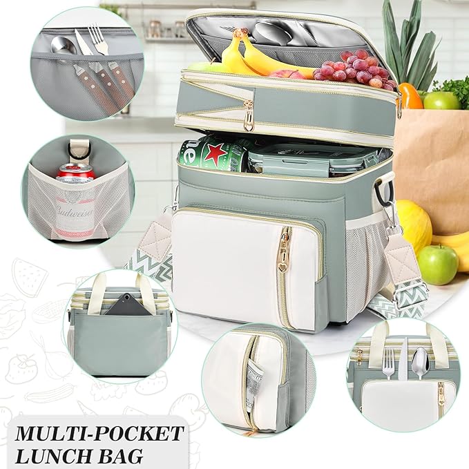 LOKASS Lunch Box & Lunch Bag for Women Men Double Deck,Large Insulated Adult Lunch Box Leakproof Lunchbox Cooler Bag for Work Picnic Beach,（Olive Green16L）