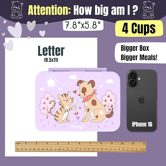 BEARFOOT Kids Lunch Box with Compartments – Compact & Lightweight | Leak-Proof, BPA-Free, Dishwasher & Microwave Safe | Hand-Drawn Design for Preschool, School, Travel (Dog & Cat Purple, 4 Cups)