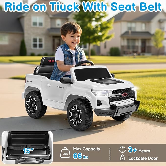 Winado Licensed Chevrolet Colorado Electric Car for Kids, 12V Ride on Toys for Toddlers with Remote Control, Battery Powered Electric Car Ride On Vehicle w/Bluetooth, Soft Start, LED Lights - White