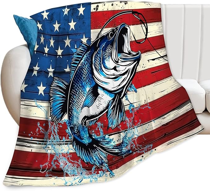 Bass Fish Blanket American Flag Fishing Throw Blankets Gifts for Girls Boys Kids Fishing Lover Soft Cozy Fleece Plush for Couch Sofa Bed 50"x40"