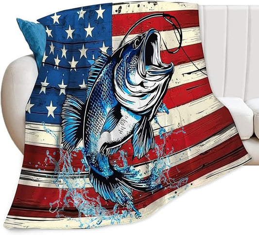 Bass Fish Blanket American Flag Fishing Throw Blankets Gifts for Girls Boys Kids Fishing Lover Soft Cozy Fleece Plush for Couch Sofa Bed 50"x40"