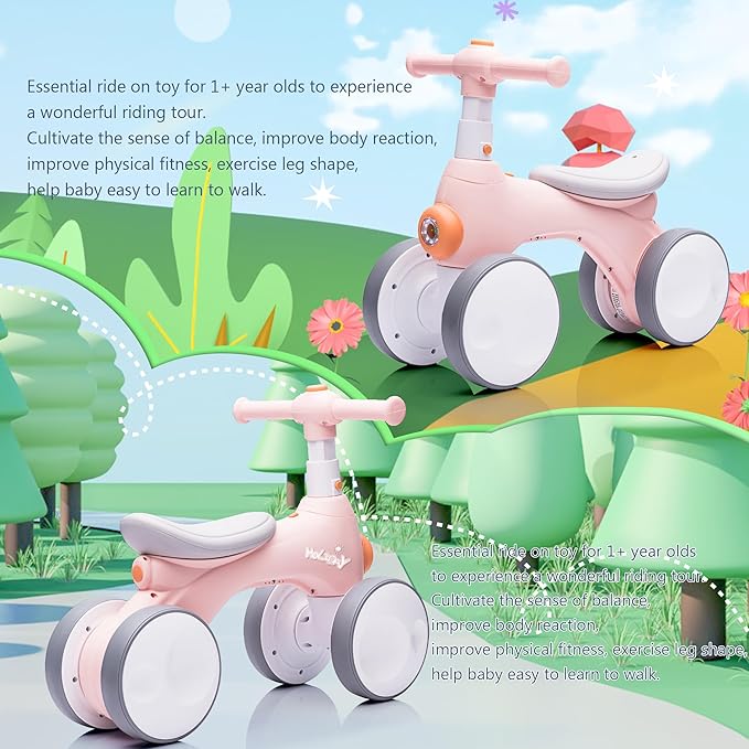 Baby Toddler Balance Bike with Bubble Machine for 1 Year Old Children,4 Wheels Kids Balance Bike w/Bubble Maker,Kids Ride on Toys,Headlight for Ages 12-36 Months Boys Girls (Pink&Orange)