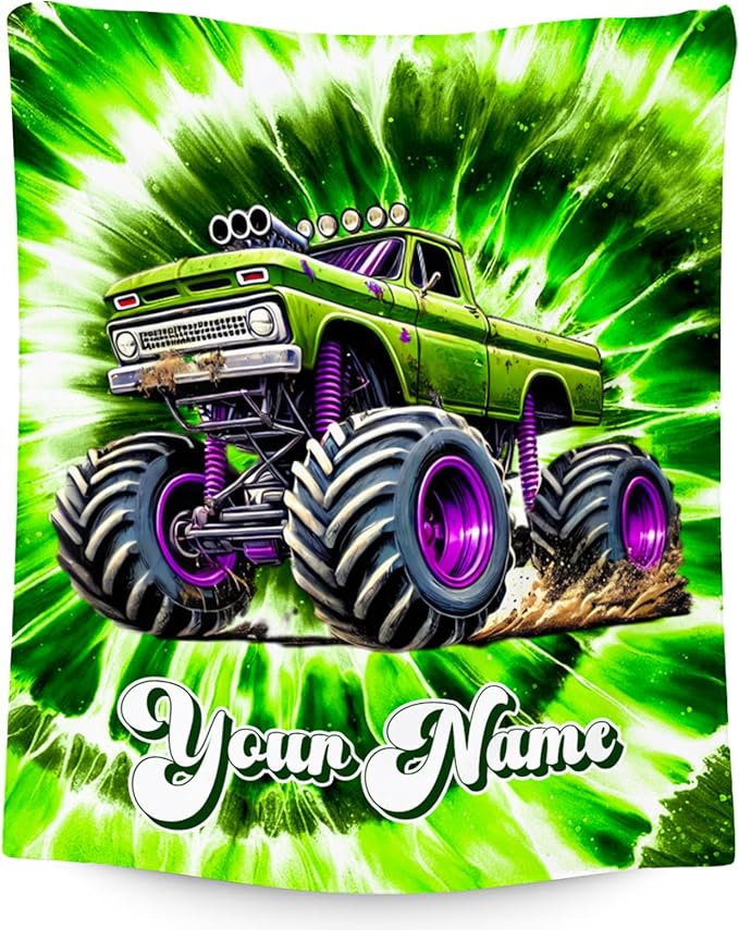 UNIKITTY Boys Blanket Gifts, Personalized Truck Blanket for Kids, Tie Dye Fuzzy Throw for Truck Lovers, Custom Throw with Name (4 Sizes)