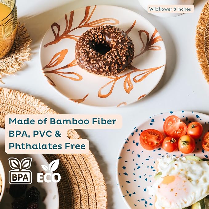 Nook Theory 4 Pack Reusable Bamboo Plates - Non-Toxic Toddler and Kids Plate, Dishwasher Safe, Not Microwavable Dinnerware (Wildflower 10")