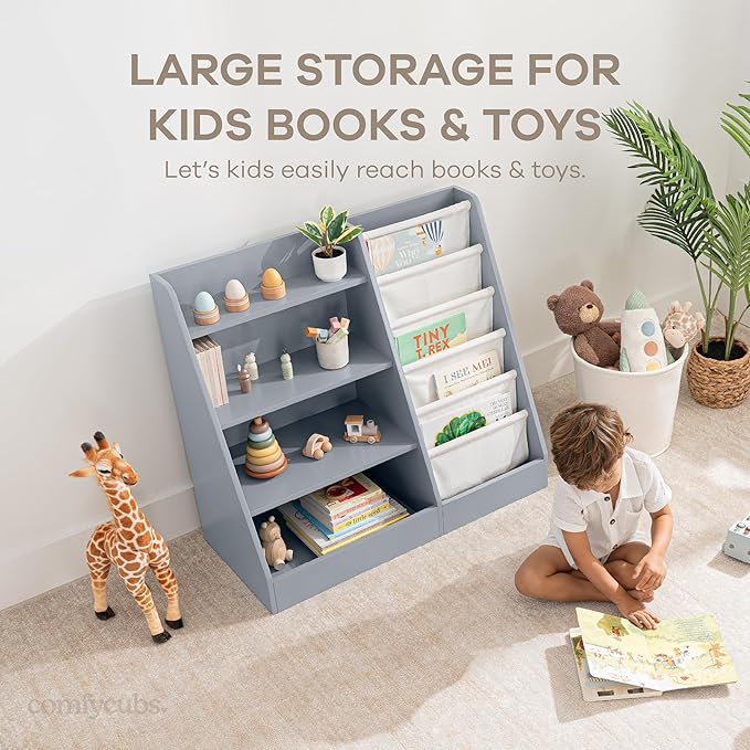 Comfy Cubs Kids Bookshelf 35.2 x 15.7 x 31.5 Inches - Sturdy MDF Montessori Book Shelf with Soft & Hard Shelves for Toys & Books - Child-Friendly, Easy Access Storage Organizer for Kids - Blue