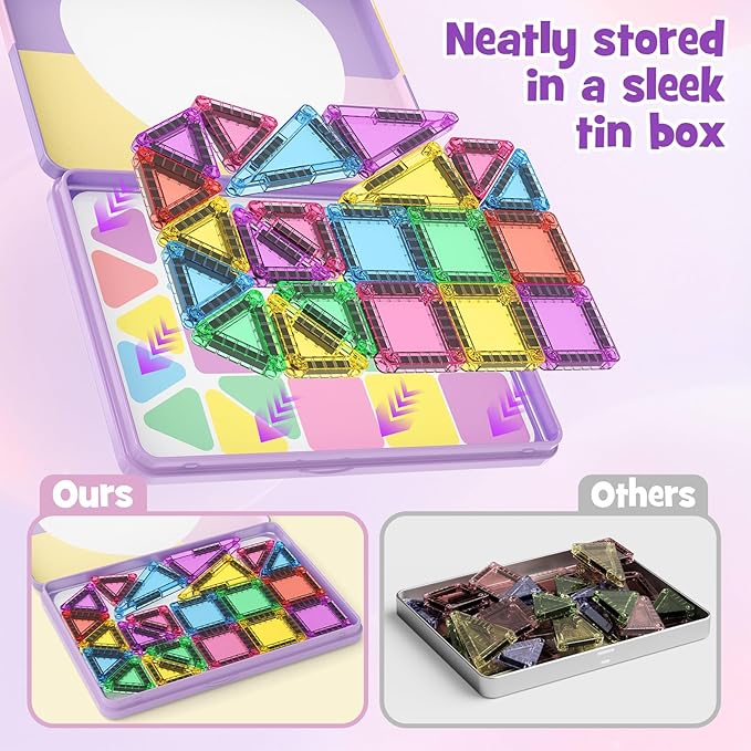 42-Piece Mini Magnetic Tiles Travel Set with Metal Storage Box - Portable STEM Building Blocks for Kids Ages 3-8, Montessori Educational Toys for Airplane & Car Rides, Gift for Boys & Girls