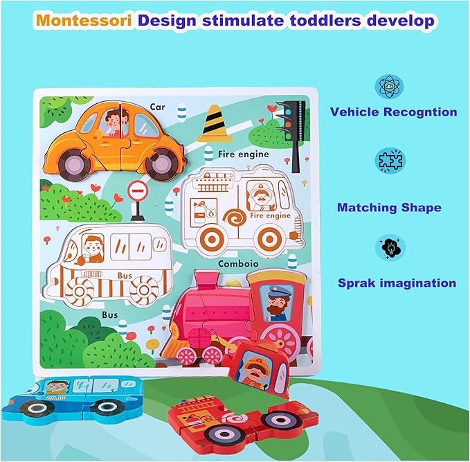 Wooden Puzzles for Toddlers 1-3 Years Old, Children Jumbo Base Vehicle Puzzles 2-4,Toddler Boys Toys Educational Blocks Kids Birthday Gifts
