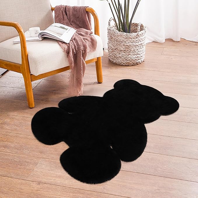 2ft Black Small Bear Shag Rug, Soft Fluffy Faux Sheepskin Fur Rug Fuzzy Shaggy Area Rug Cute Plush Carpet for Nursery Kids Girls Bedroom Room Aesthetic Living Room Floor Home Decor, Black