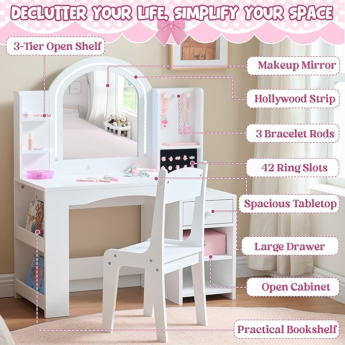 Kids Vanity Set with Lights, 2 in 1 Princess Makeup Vanity Desk with Jewelry Storage, Open Bookshelf, Storage Cabinet & Shelves for Little Girls (White)