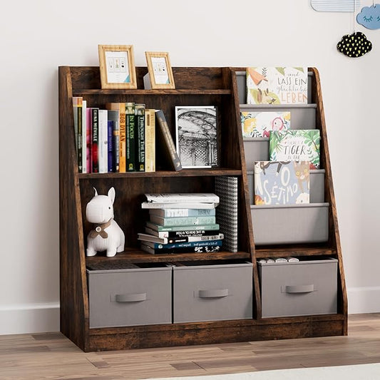 Rustic Kids Bookshelf Wood Montessori Toy Storage Organizer Cabinet Shelf Child Bookcase Toddler Baby Sling Book Rack 3 Cube Bin Fabric Drawers for Playroom Bedroom Nursery School