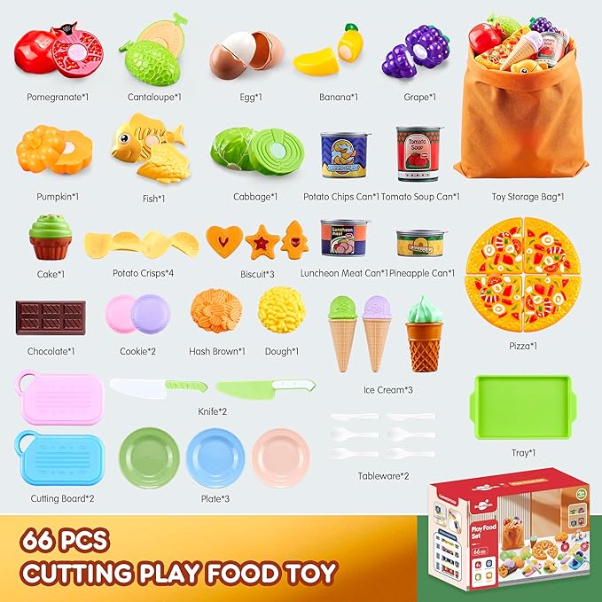Play Food Sets for Kids Kitchen,66PCS Play Kitchen Accessories,Cutting Toy Food Kids Kitchen Accessories with Pizza,Fruits & Storage Bag,Educational Toys Gift for Boys Girls 3 Year Old