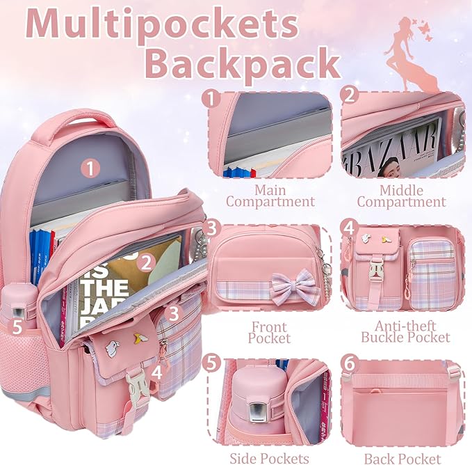 School Backpack for Girls Kids Bookbag for Elementary Middle School Casual Travel Daypack Teen Backpacks Pink