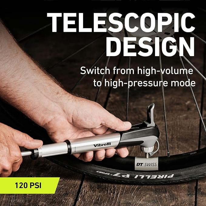 Vibrelli Mini Bike Pump - Presta & Schrader Bicycle Pump - 120 PSI Tire Pump for Road & MTB - No Valve Changing Needed